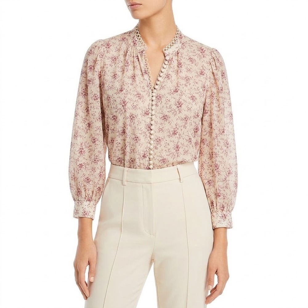 Sundays Cora Blouse Women Small Rose Print Pink Floral Lace Trim V-Neck Cotton